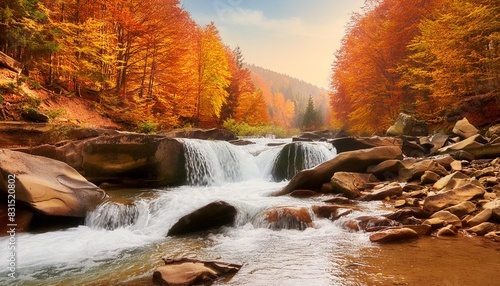 autumn landscape view of a mountain river with a cascade of waterfallsin the autumn forest carpathians ukraine photo