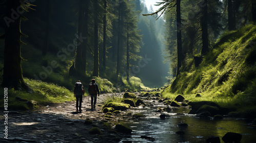 Four people walking in a forest with a waterfall in the background.

 photo