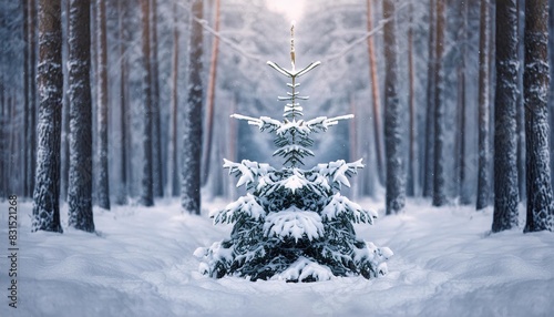 christmas tree in the winter forest with copy space