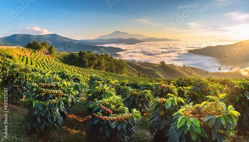 coffee tree with fresh arabica coffee bean in coffee plantation on the mountain at northern of chiang rai thailand photo