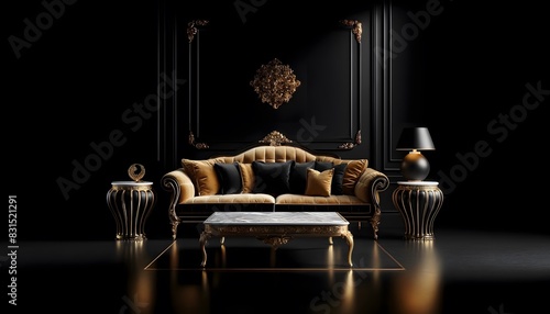An opulent composition of luxury furniture with a gold and black color scheme, featuring an elegant sofa, side tables, and decorative elements in a sophisticated setting.