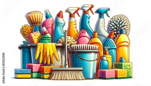 A colorful array of cleaning supplies, including sponges, brushes, spray bottles, and gloves, showcasing a vibrant and organized cleaning collection.
