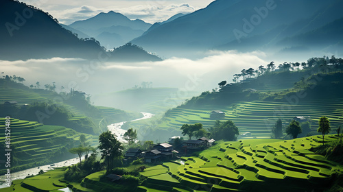 A terraced rice fields in a valley. There is a mountain range in the background and clouds in the sky.