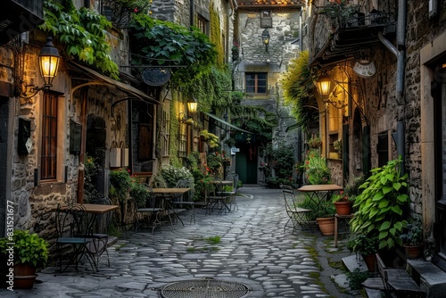 Cobblestone street and charming facades adorn an old european alley at twilight