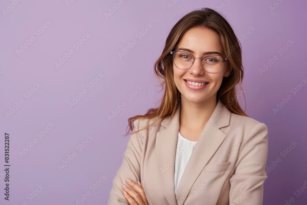 Smiling Woman in Business Attire with Glasses on Pastel Purple Background Smiling Woman in Business Attire with Glasses on Pastel Purple Background