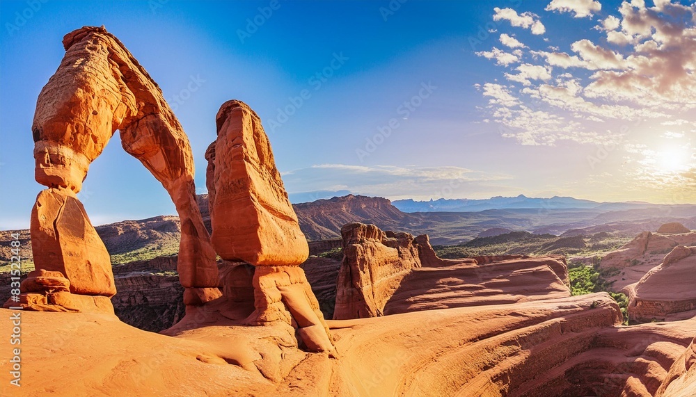 surreal desert landscape decorated with massive gravity defying stone arches