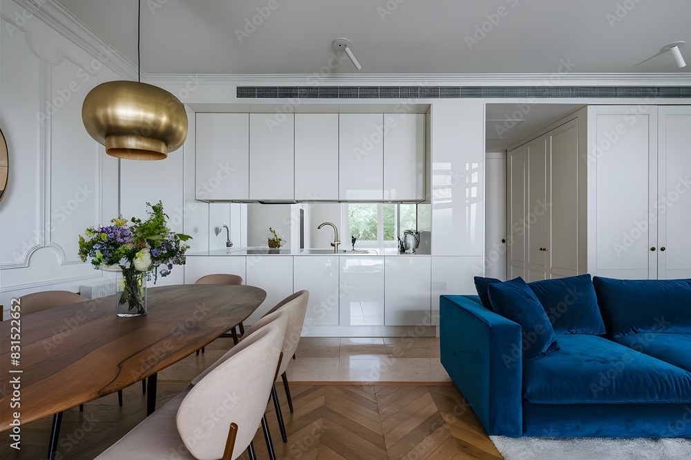 Fototapeta premium Modern living and dining space with wooden table, beige chairs, unique gold pendant light