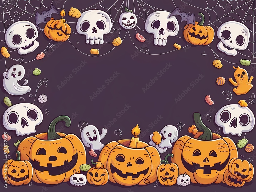 Halloween Frame with Pumpkins, Skulls, and Full Moon

