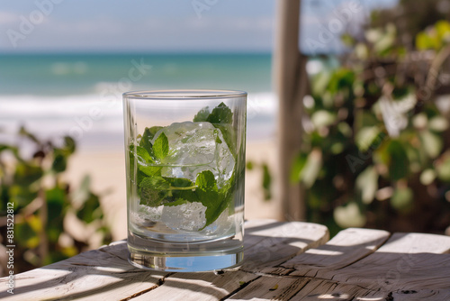 Drink fresco con ghiaccio e menta in chalet di legno su sfondo di spiaggia alla luce estiva photo