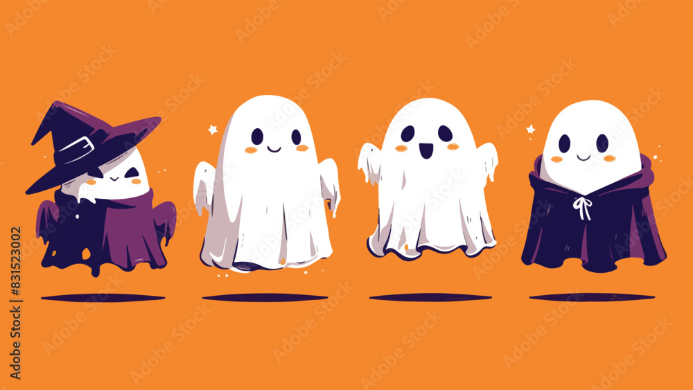 Cute Halloween Cartoon Ghosts in Various Costumes on an Orange Background -Generative AI Cute Halloween Cartoon Ghosts in Various Costumes on an Orange Background -Generative AI