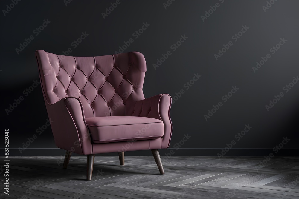 Stylish modern tufted armchair in deep pink with wooden legs, plush and luxurious appearance Stylish modern tufted armchair in deep pink with wooden legs, plush and luxurious appearance