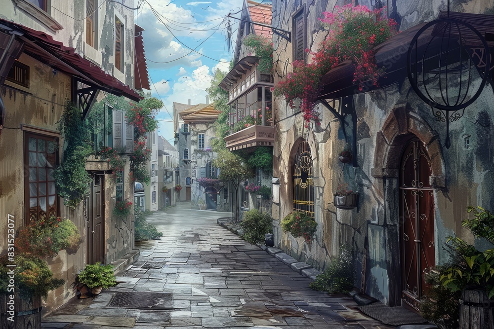 Fototapeta premium Digital illustration of a picturesque cobblestone alley with flowering balconies in a charming old european town