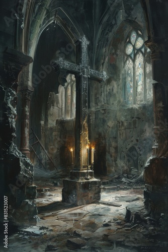 Ancient Cross in Dark Abandoned Cathedral 