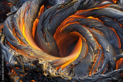 A closeup of the lava flow, showcasing its intricate patterns and vibrant colors as it flows down from volcanic activity on Hawaii's Big Island. The image focuses on the lava's texture. photo