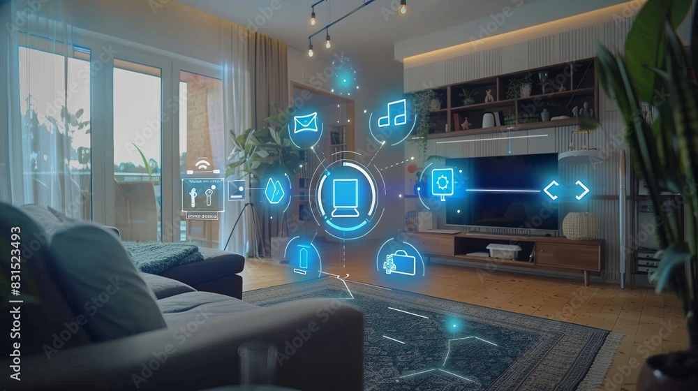 Conceptual banner of smart home technology with connected icons