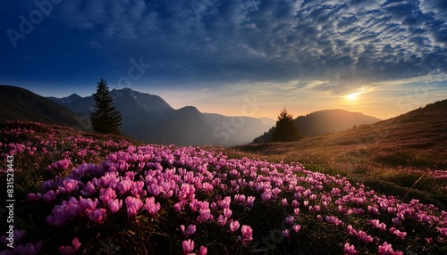 magical landscape with a field of pink flowers