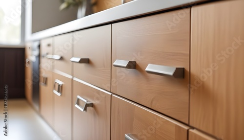 Wooden cabinets with silver handles against a blurred background photo