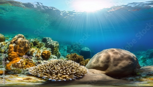 underwater scene with rocks corals and sun light tropical blue sea
