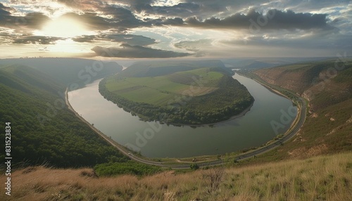 the view from the top of the great dniester river that flows through the hilly area photo
