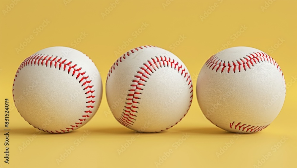 A group of baseballs were arranged in an array on a soft yellow background, creating a visually appealing and harmonious composition. The balls should be in various sizes to showcase A group of baseballs were arranged in an array on a soft yellow background, creating a visually appealing and harmonious composition. The balls should be in various sizes to showcase