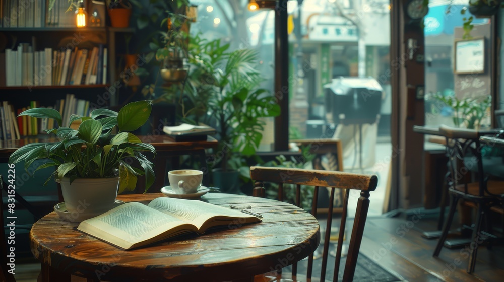 Obraz premium Cozy cafe interior with open book on wooden table, cup of coffee, and lush green plants. Warm, inviting atmosphere perfect for reading and relaxing.