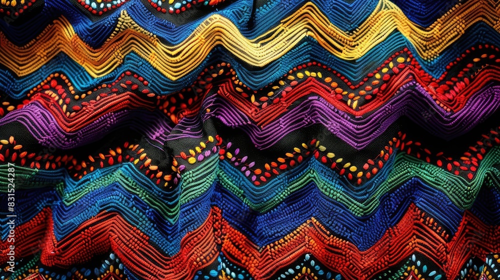 Bohemian Ethnic Pattern with Zigzag Embroidery on Fabric Bohemian Ethnic Pattern with Zigzag Embroidery on Fabric
