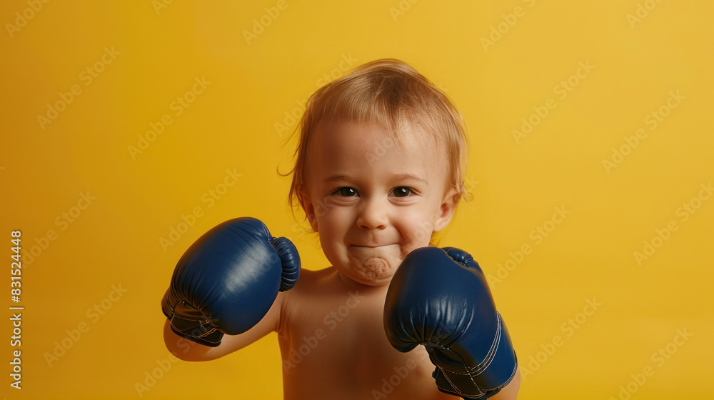 Smiling baby wearing blue boxing gloves on a yellow background, looking playful and energetic Smiling baby wearing blue boxing gloves on a yellow background, looking playful and energetic