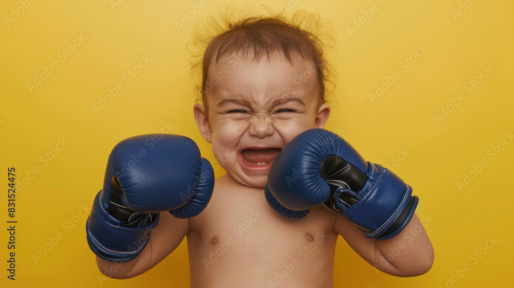 Crying baby with blue boxing gloves on a yellow background, looking upset and adorable Crying baby with blue boxing gloves on a yellow background, looking upset and adorable