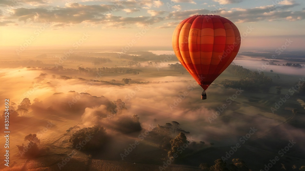 Hot Air Balloon Over Misty Landscape at Sunrise Creating a Magical and Serene Scene Hot Air Balloon Over Misty Landscape at Sunrise Creating a Magical and Serene Scene
