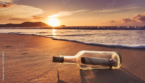 romantic sunset at the beach with bottle with a message
