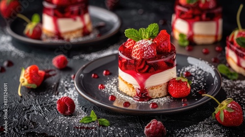 Forest fruit dessert strawberry dessert cake varieties on a black background desserts on ceramic plates photo