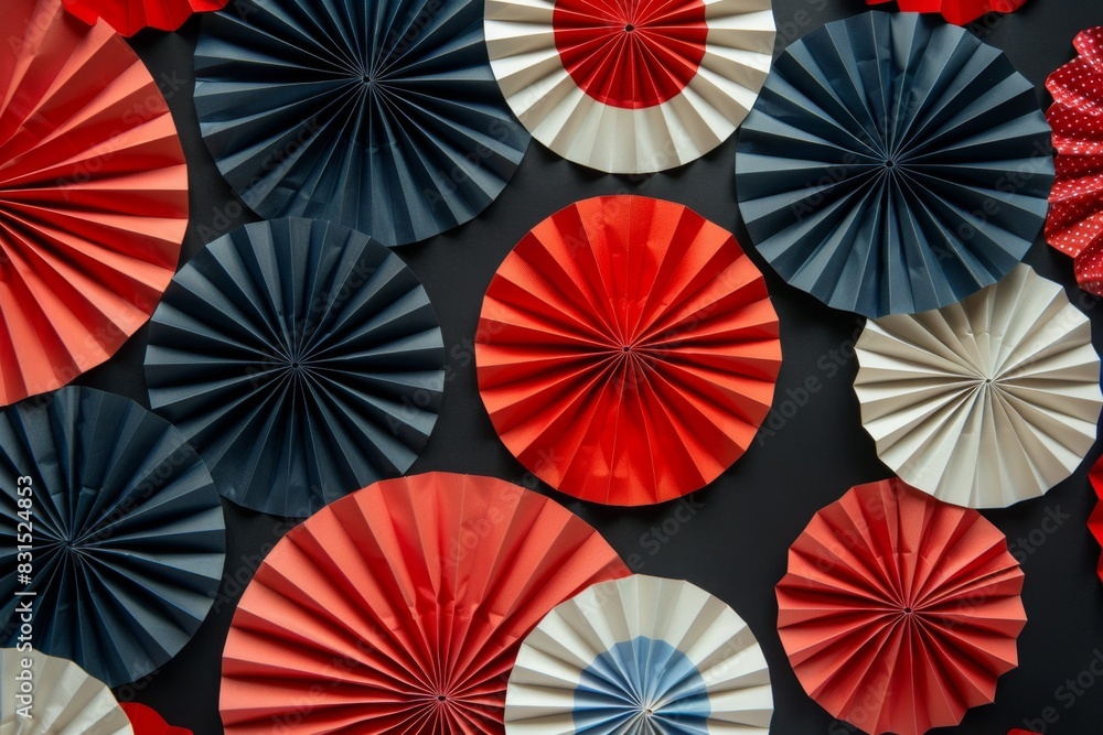 Peak angles of red, white and blue paper fans on a black background for USA national holiday celebration with copy space Generative AI