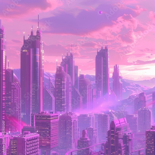 fantasy image of purple city street at night with futuristic neon light effects