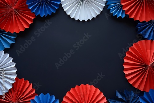 Peak angles of red  white and blue paper fans on a black background for USA national holiday celebration with copy space Generative AI