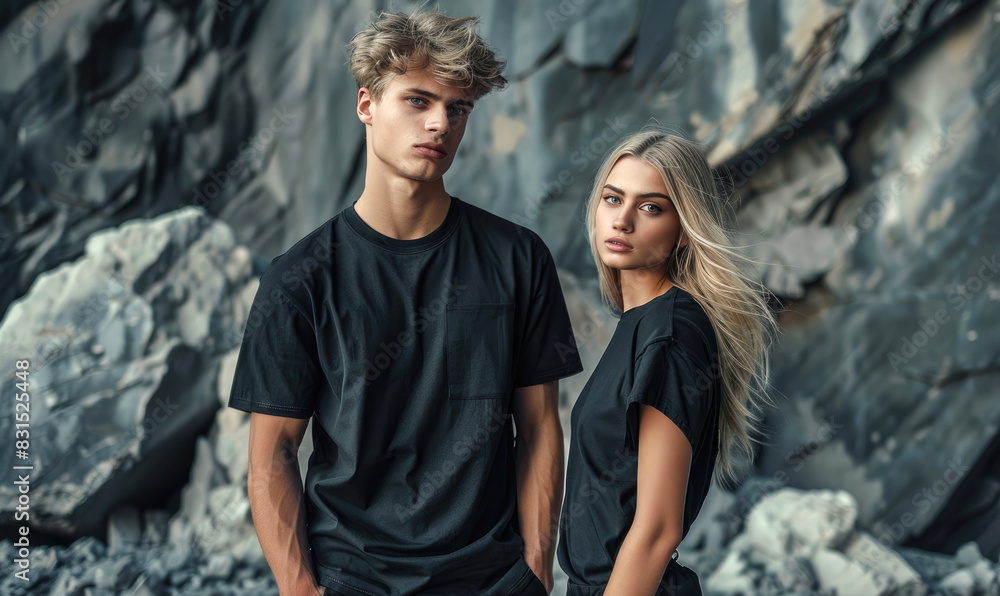Two models, man and woman wearing black oversized t-shirts Two models, man and woman wearing black oversized t-shirts