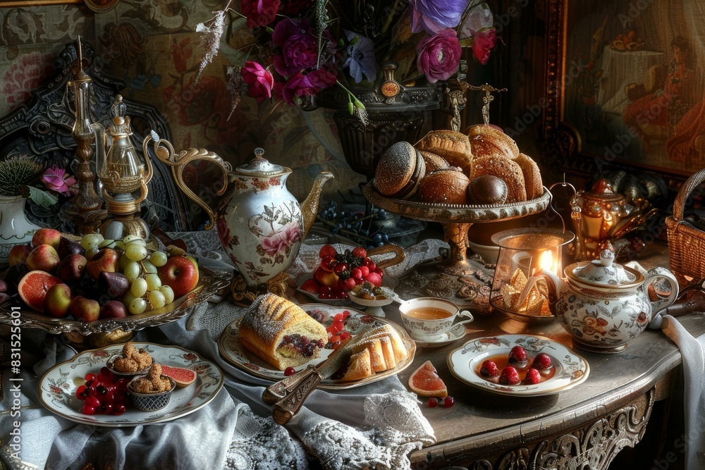 Elegant table set with tea, fruits, and pastries in a vintage setting, perfect for a classic high tea experience