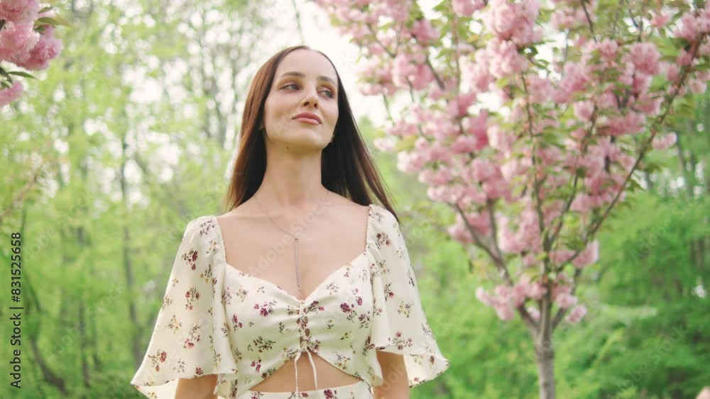 Charming young dark haired woman walking enjoying beautiful sakura flowers in the park Charming young dark haired woman walking enjoying beautiful sakura flowers in the park