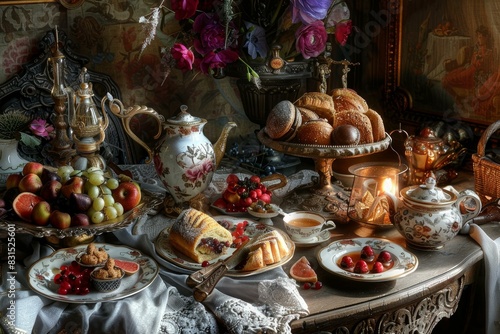 Elegant table set with tea, fruits, and pastries in a vintage setting, perfect for a classic high tea experience © anatolir