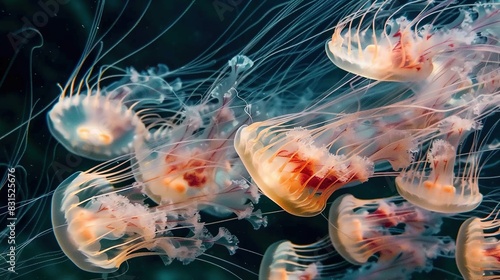   A school of jellyfish gracefully floating alongside one another on a vibrant blue and green seabed against a dark background