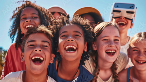 Kids 6 years old, holding eachother and laughing, Multiple face, iverse group of kids are happy photo