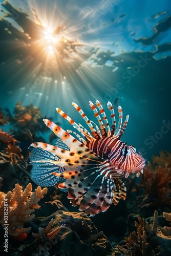 a lionfish swimming in the deep blue sea  underwater photography  sunlight shining on it from above  wide angle shot  hyper realistic  national geographic style photo 