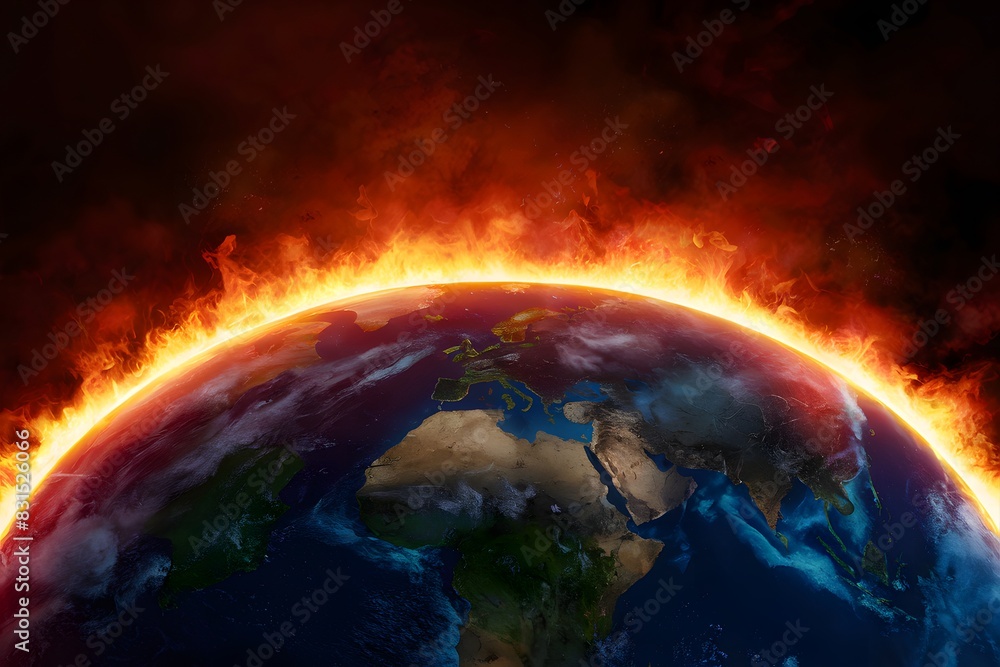 Earth in flames, fiery glow, blue oceans, green lands, impending doom Earth in flames, fiery glow, blue oceans, green lands, impending doom