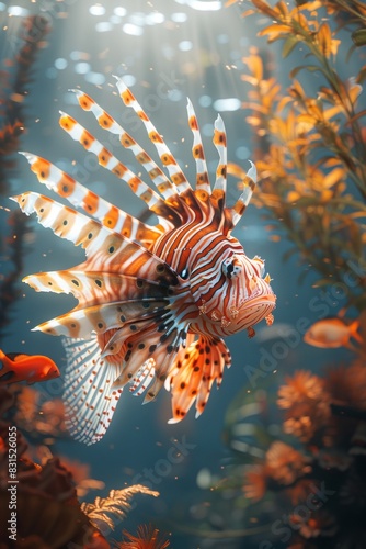 a lionfish swimming in the deep blue sea, underwater photography, sunlight shining on it from above, wide angle shot, hyper realistic, national geographic style photo  © Olexiy Vasilyuk