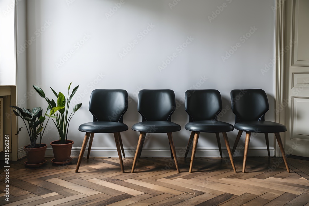 Minimalist room with black chairs, potted plants, herringbone floor, and white wall Minimalist room with black chairs, potted plants, herringbone floor, and white wall