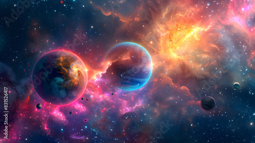 A colorful space scene with a glowing orange ball in the center