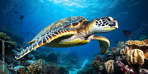 Hawksbill Turtle in Maldives' Indian Ocean Coral Reef. Concept Marine life, Hawksbill Turtle, Maldives, Indian Ocean, Coral Reef