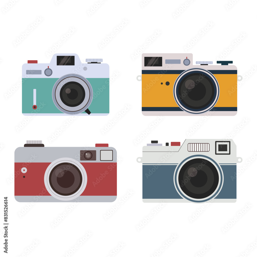 Set of four hand drawn cameras in retro style. Vintage colours. Isolated vector illustration for photography day Set of four hand drawn cameras in retro style. Vintage colours. Isolated vector illustration for photography day