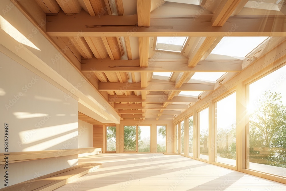 Sunlit minimalist room with wooden beams and large windows Sunlit minimalist room with wooden beams and large windows
