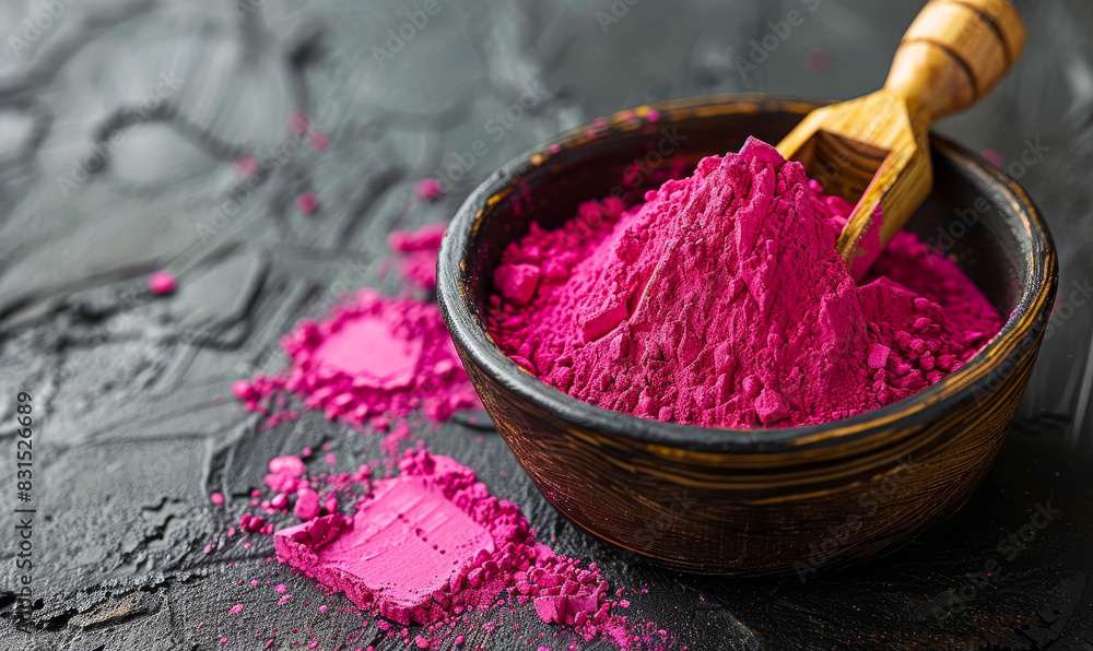 Vibrant Pink Holi Powder in Wooden Bowl with Spatula on White Table against Dark Background - Festive Colors, Cultural Celebration, Indian Traditions, Festival Preparations, Ethnic Festivity Vibrant Pink Holi Powder in Wooden Bowl with Spatula on White Table against Dark Background - Festive Colors, Cultural Celebration, Indian Traditions, Festival Preparations, Ethnic Festivity