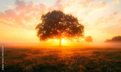 Solitary Tree in a Misty Field at Sunrise with Golden Light and Colorful Sky, Symbolizing Tranquility and Natural Beauty